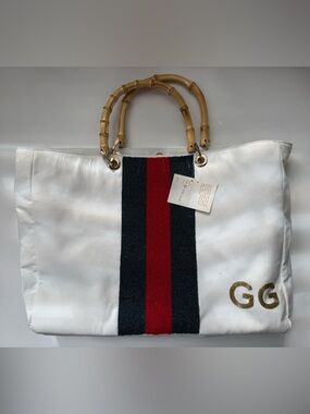 New w/tags Tiana Bamboo Handle Tote Bag White Canvas Beaded Stripe GG Style